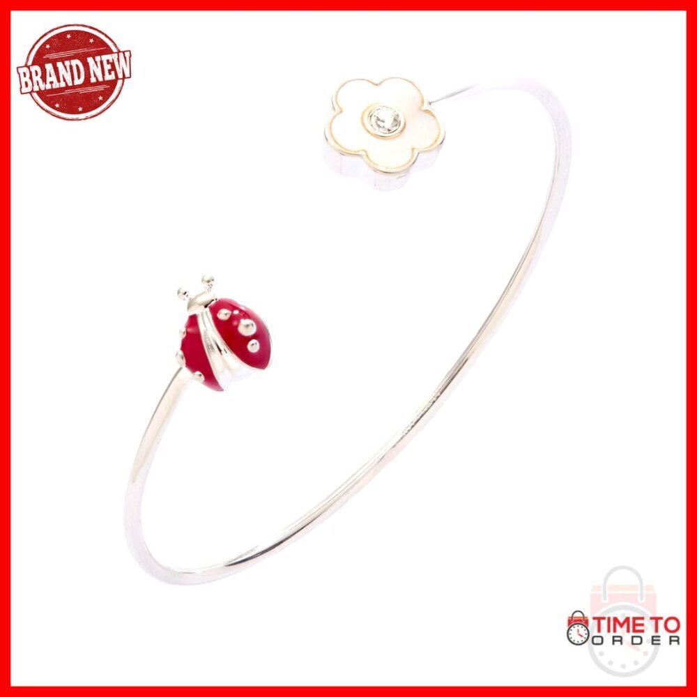 Flexible Cuff Bracelet with Ladybug and Daisy Charm, Nickel-Free Brass